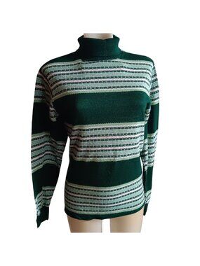 Vintage Green Striped Mock Neck Sweater - Womens Long Sleeve Knit Top Size M